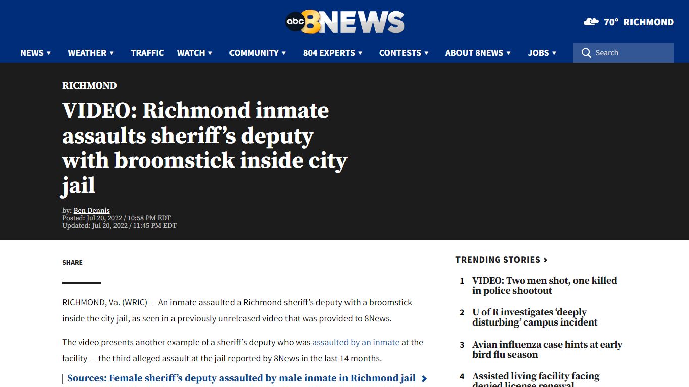 VIDEO: Richmond inmate assaults sheriff’s deputy with broomstick inside ...